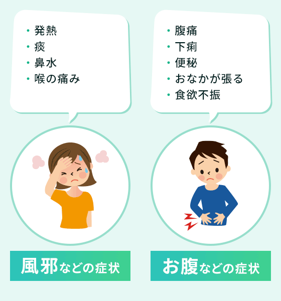 風邪などの症状 - 発熱、痰、鼻水、喉の痛み | お腹などの症状 - 腹痛、下痢、便秘、おなかが張る、食欲不振